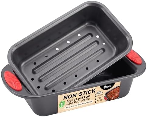PERLLI Nonstick Meatloaf Pan with Drain Tray, Elevated Inner Pan for