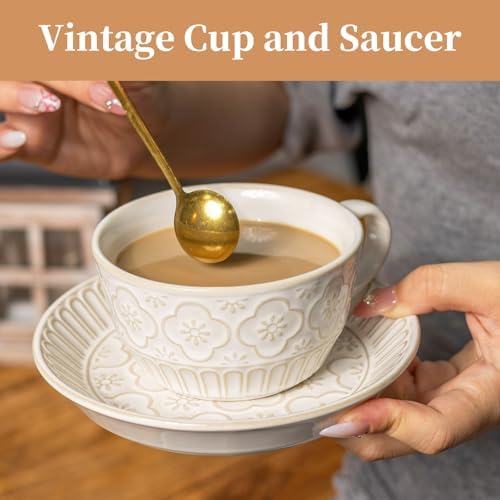 12 OZ Latte Cup with Saucer, Cappuccino Cup Vintage Cafe Art Cups for