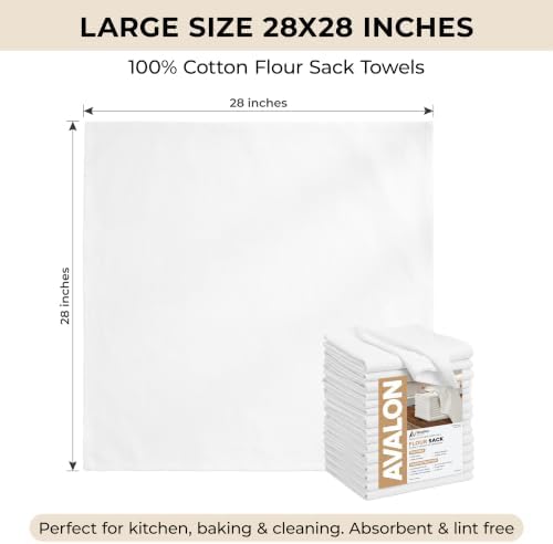 Avalon Kitchen Flour Sack Towels – 15 Pack, 28x28 Inch, 100% Cotton