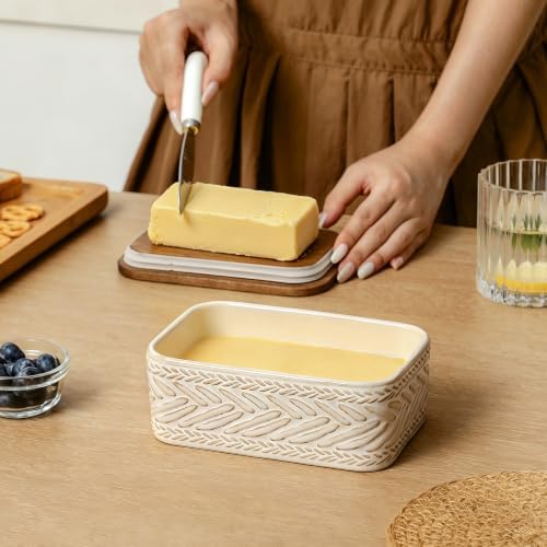 Ceramic Butter Dish with Lid and Knife, Textured Beige Pattern