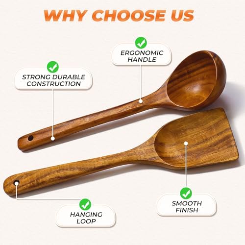 2Pcs Wooden Ladle and Spatula, Natural Acacia Long Handle, Large