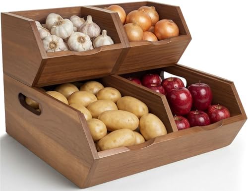 Acacia Pantry Storage Bins Set of 3, Stackable Potato Onion Wood