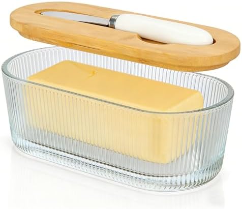 Glass Butter Dish With Lid For Countertop, Ribbed Glass Butter Dish