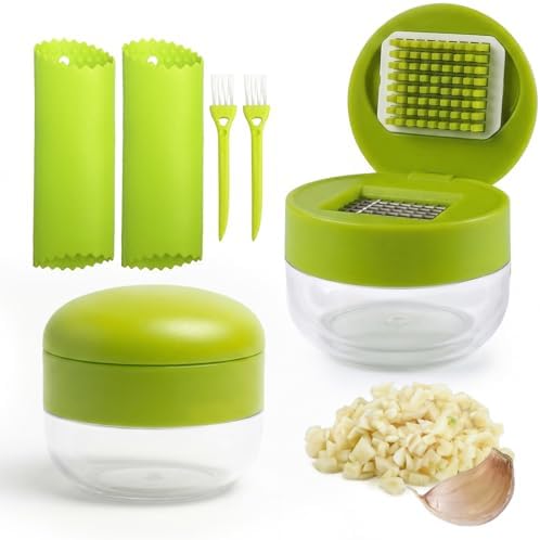 2-Pack Stainless Steel Garlic Press Set with Peeler and Brush