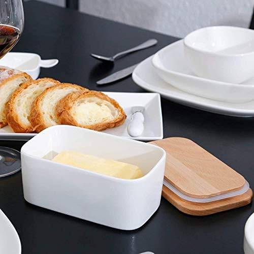 Large Ceramic Butter Dish with Lid and Natural Oak Wood Cover for