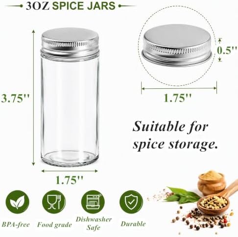 Tebery 12 Pack Round Spice Bottles 3oz Glass Spice Jars with Silver