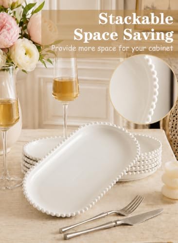 12 Inch White Porcelain Oval Serving Platters, Bead Rim, Set of 6
