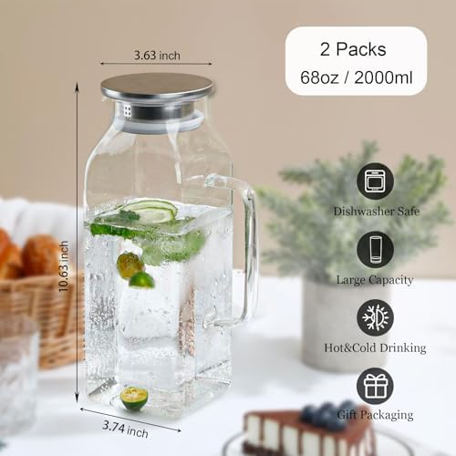 2 Pack 2L/68oz Square Glass Pitchers with Handle and Lid, Borosilicate
