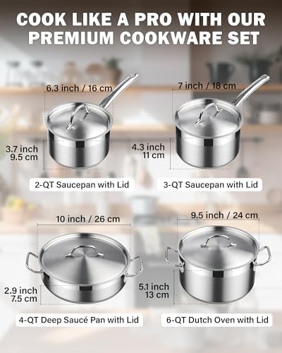 Cooks Standard Professional Cookware Set, Stainless Steel Pots Kitchen Set Includes Saucepans, Sauté Pan, Dutch Oven with Lids - Induction Compatible, 8-Piece