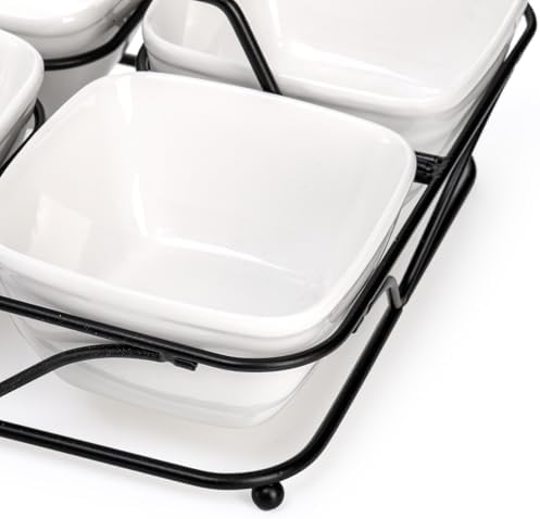 Pumtus Ceramic Divided Serving Dishes, 4 Removable Snack Bowls with Metal Stand, 9 Inch Appetizer Platter with Handle, Dip Bowls for Party, Condiment Serving Relish Tray for Chips & Dips, Nut, Candy