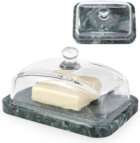 Koville Green Marble Butter Dish with Glass Lid for Countertop and