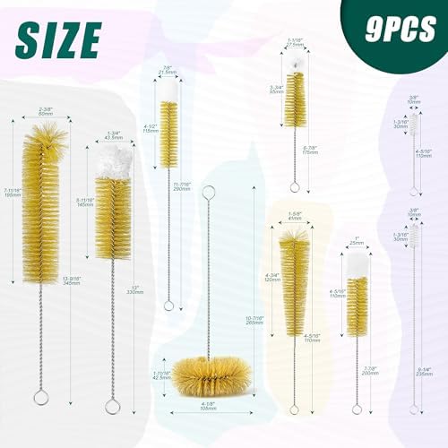 9-Pack Thin Long Handle Bottle Brushes with Boar Bristle & Wool Tip