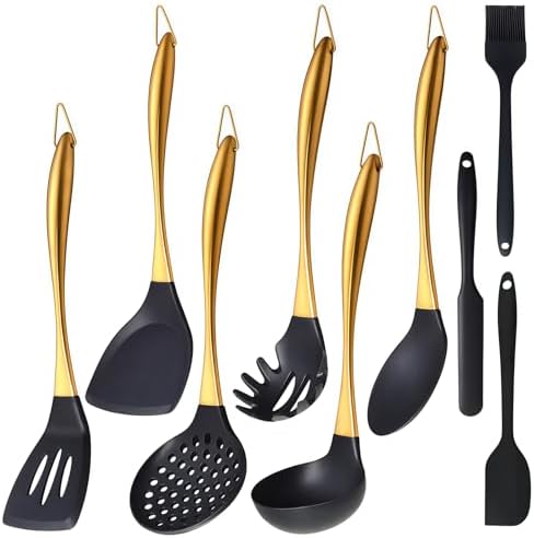 Silicone Cooking Utensils Set, 9 Pcs, Stainless Steel Handle, Gold