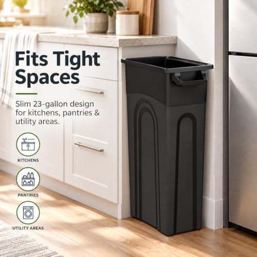 23 Gallon Narrow Tall Plastic Garbage Container, Black