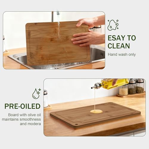 3-Piece Bamboo Cutting Board Set Serving Tray Juice GroovesHandles
