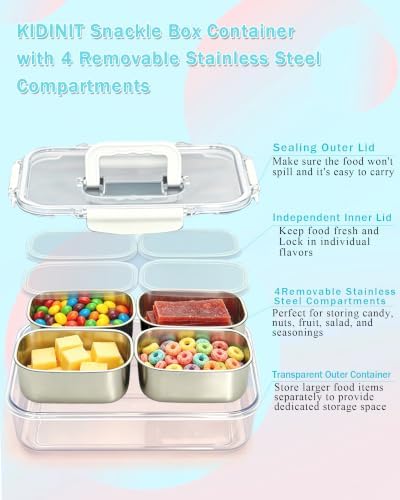 Snackle Box Container, Small Stainless Steel Snack Tray with Lid and