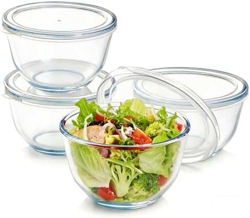 5 Inch Glass Mixing Bowls Set of 4, Round Glass Serving Bowls with Lid