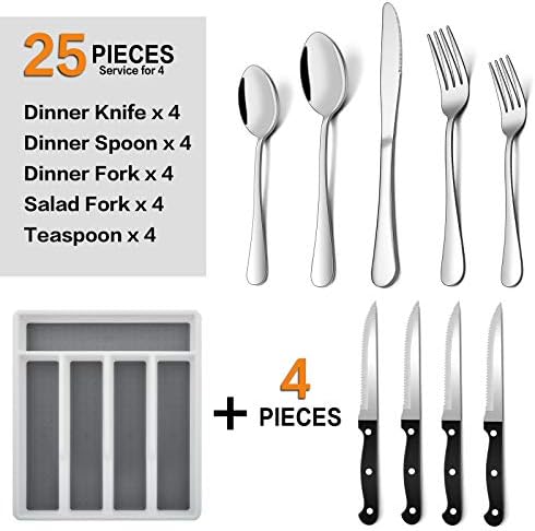E-far 24-Piece Silverware Set with Organizer Tray and Steak Knives