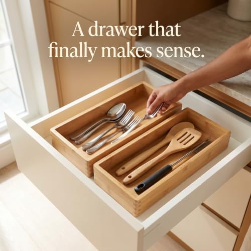 Bamboo Drawer Organizer Boxes - Non-Slip Utensil & Storage Tray
