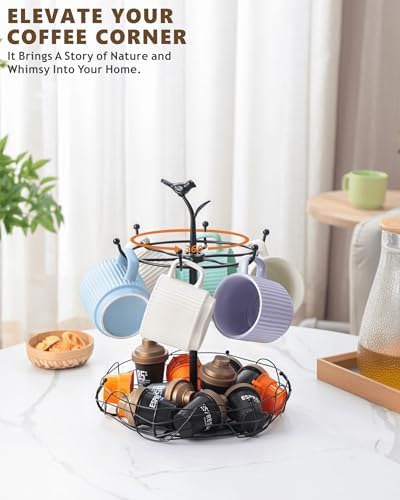 Rotating Mug Tree for Countertop | Decorative Bird & Nest Mug Holder