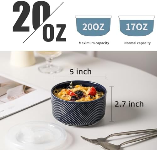Ceramic Bowl with Lid, Microwave Safe - 20 oz Navy