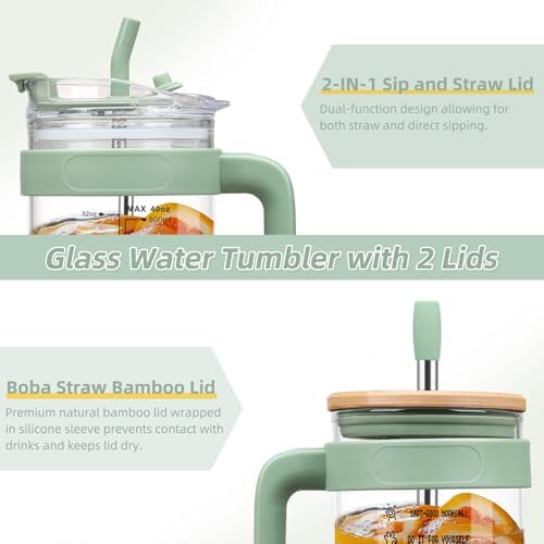 Chunmo 40 oz Glass Tumbler with 2 Lids - Bamboo Straw Lid & 2-in-1 Sip