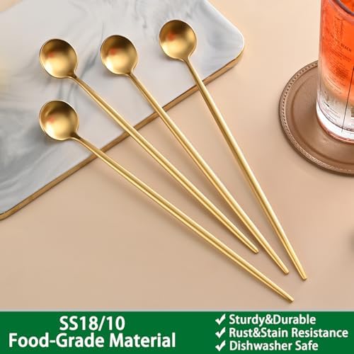 DEHOV Satin Gold 9 Inches Latte Spoon,4 Pieces Stainless Steel 18/10