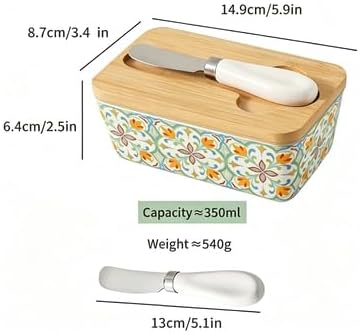Butter Dish with Lid and Knife – 350ml Ceramic Butter Container with