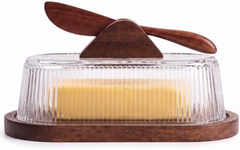 Glass Butter Dish with Lid for Countertop, Wood Base Butter Holder