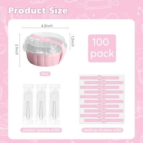8oz 100pcs Mini Loaf Pans with Lids and Spoons,Round Pink Small Loaf