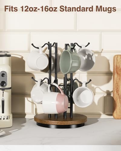 8-Hook 360° Rotating Large Coffee Mug Tree for Counter, Wood Base