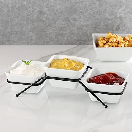 Buyajuju 3 pcs square bowl Porcelain Chip & Dip Serving Set With Black Metal Stand,4.5 inch White Small Serving Bowls for Side Dishes, Salsa, Appetizer, Serving Dishes for Entertaining 11.5 OZ