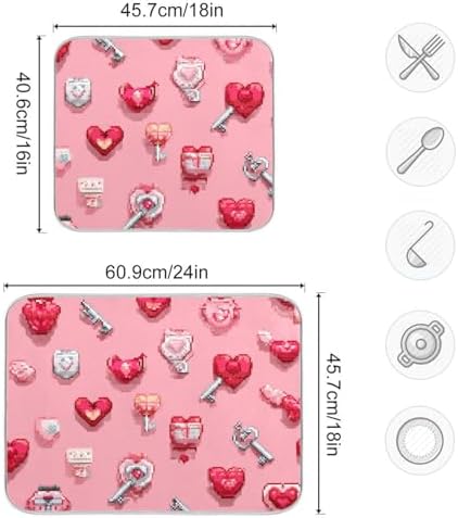 OTVEE Whimsical Pixel Heart Art Dish Drying Mat for Kitchen Counter