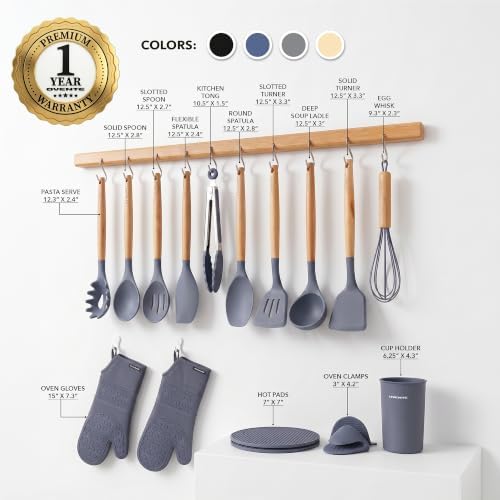 OVENTE Silicone Cooking Utensils Set, 17-Piece, Grey