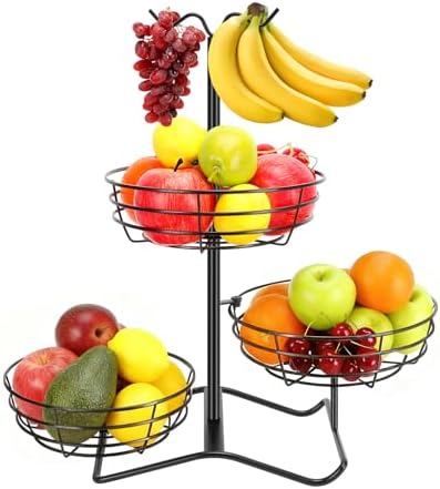 3 Tier Fruit Basket Bowl with 2 Banana Hooks, Solid Metal Standing Vegetable Storage for Kitchen Counter, Large Capacity Organizer for Bread Snack Produce (Black)