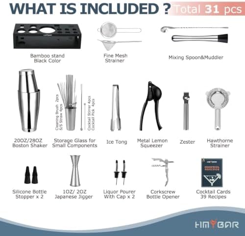 HMYBAR® Bartender Kit with Black Bamboo Stand, 31-Piece Cocktail