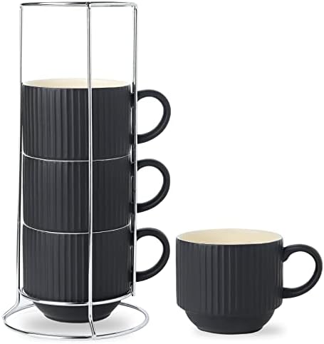 HASENSE Coffee Mug Ceramic Set of 4 with Stand, Stackable Large Latte