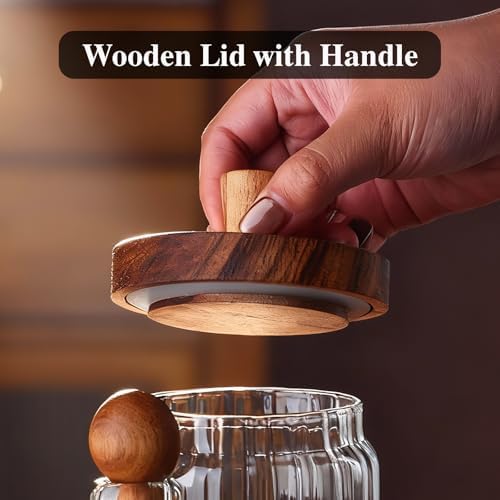 TIWPAJS Coffee Grounds Canister with Wooden Spoon and Lid, Ribbed