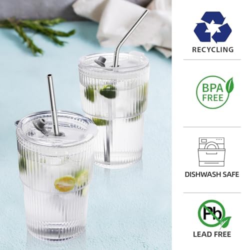 Iced Coffee Cups with Lids and Straws Set of 2, 16 Oz Unbreakable
