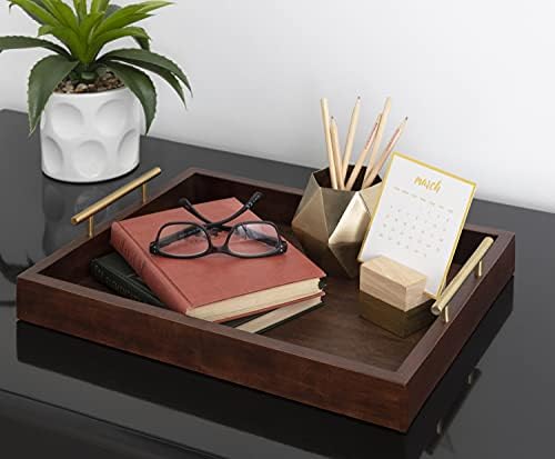 Kate and Laurel Lipton Decorative Wooden Tray with Metal Gold Handles