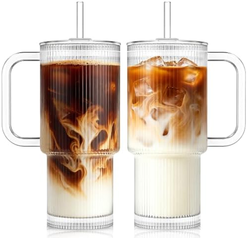 KEMORELA 24oz Ribbed Glass Tumbler with Handle and Lid,Iced Coffee