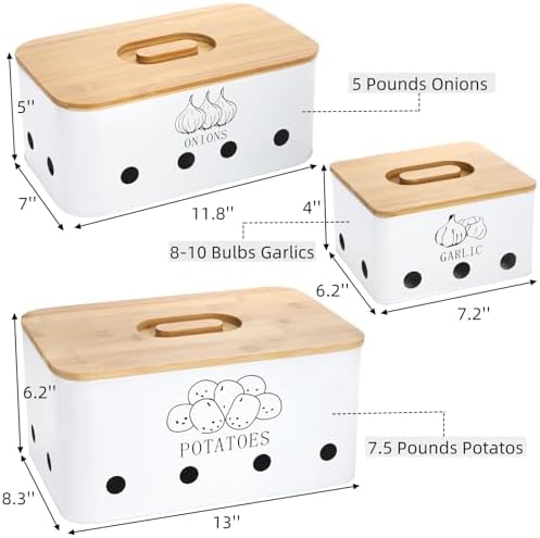 3 Pack Potato Onion Garlic Storage Set, Bamboo Lids