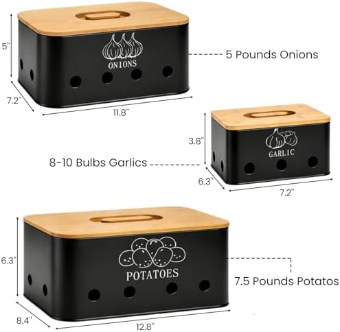 3 Pack Potato Onion Garlic Storage Set, Bamboo Lids