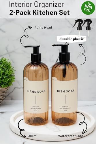 Soap Dispenser Bottle Set Light Amber Color I 2 Pump & 2 Spray Heads