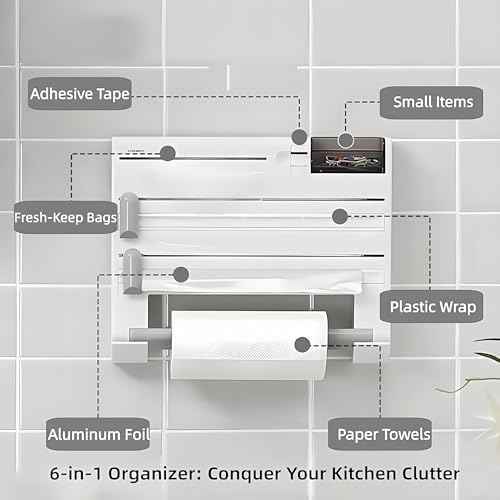6-in-1 Wall Mounted Plastic Wrap&Foil Dispenser with Cutter–PP Kitchen Organizer w/Paper Towel, Tape, Bag&Small Tray, No Drill/Screw Mount White-Aluminum Foil Rack Organizer&Organizer Foil Cling Wrap