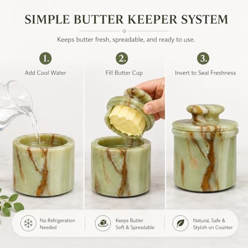 Green Onyx Butter Keeper - Round Marble Butter Dish for Countertop, 4"