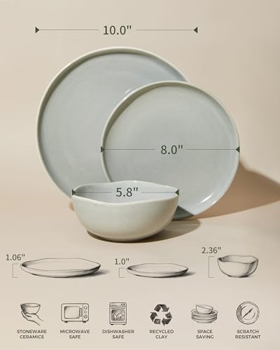 Pokini Stoneware Dinnerware Sets for 4, 12Pcs Ceramic Plates and Bowls