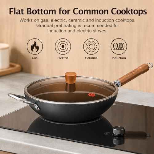 WANGYUANJI Carbon Steel Wok with Lid, 12.6 Inch Flat Bottom Chinese Wok