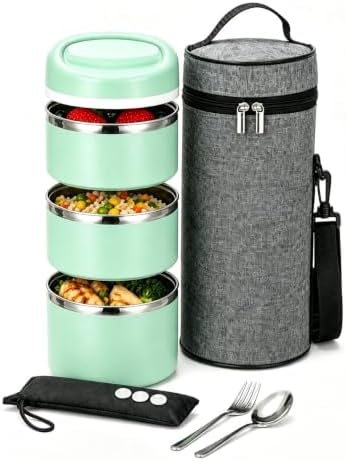 Lille Home Stackable Stainless Steel Thermal Lunch Box, 43OZ/1.38L
