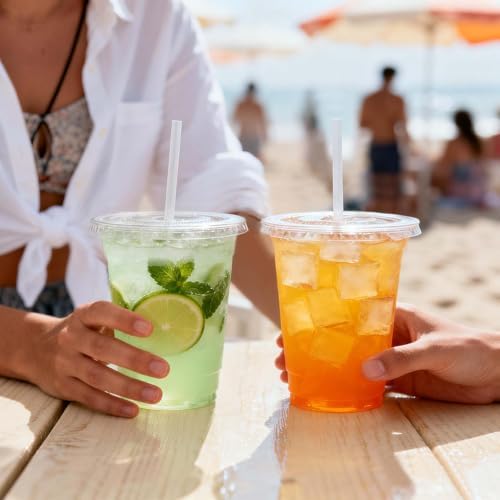 Clawsoff 100 Pack 16 oz Disposable Clear Plastic Cups with Lids and
